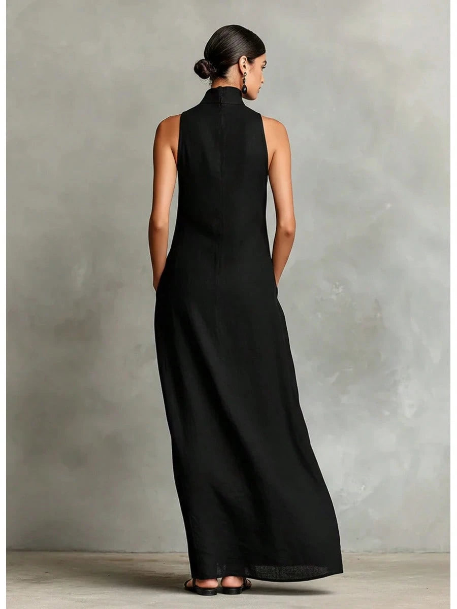2026 New Linen High Collar Sleeveless Long Dress, Loose And Simple