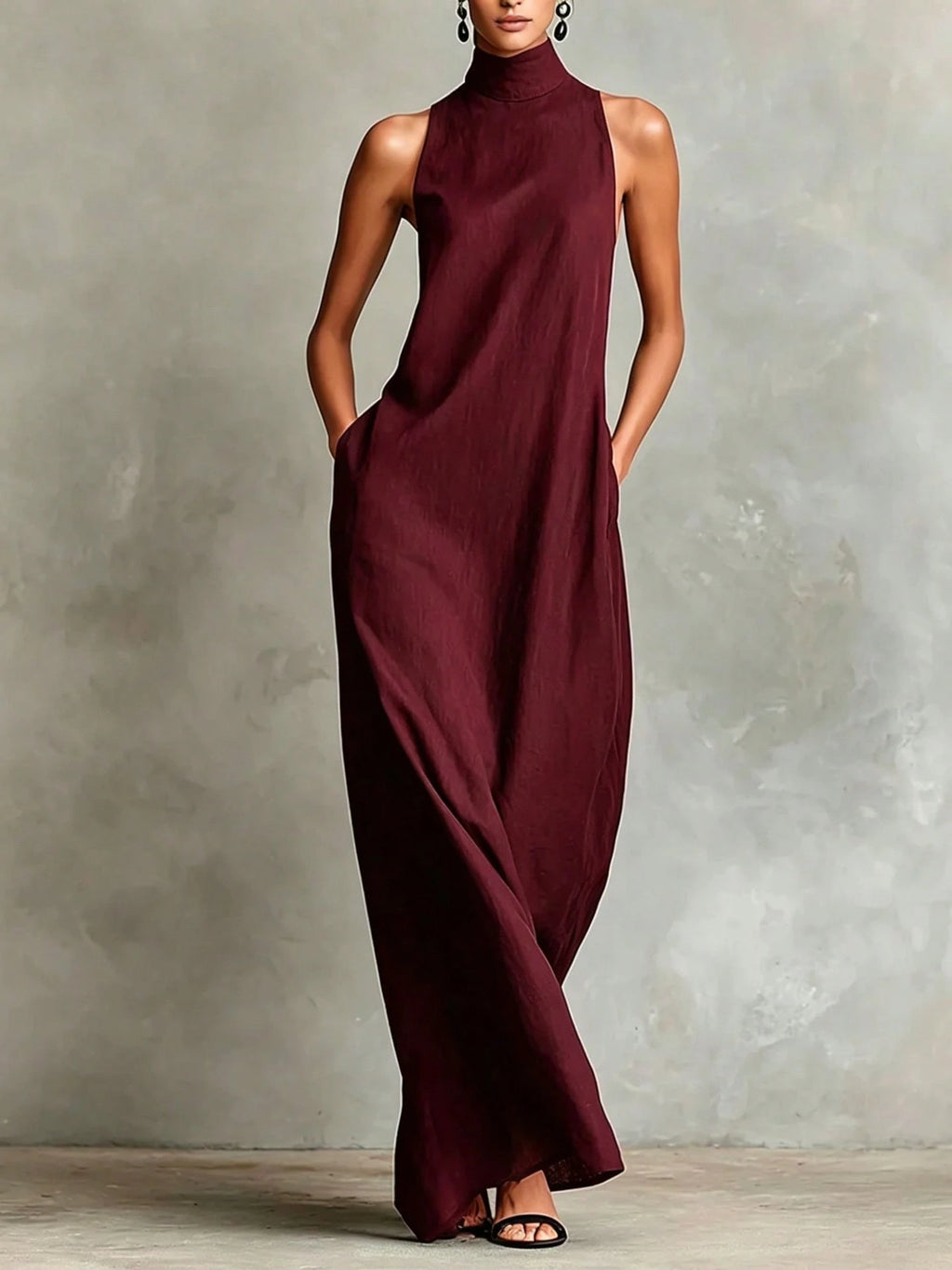 2026 New Linen High Collar Sleeveless Long Dress, Loose And Simple
