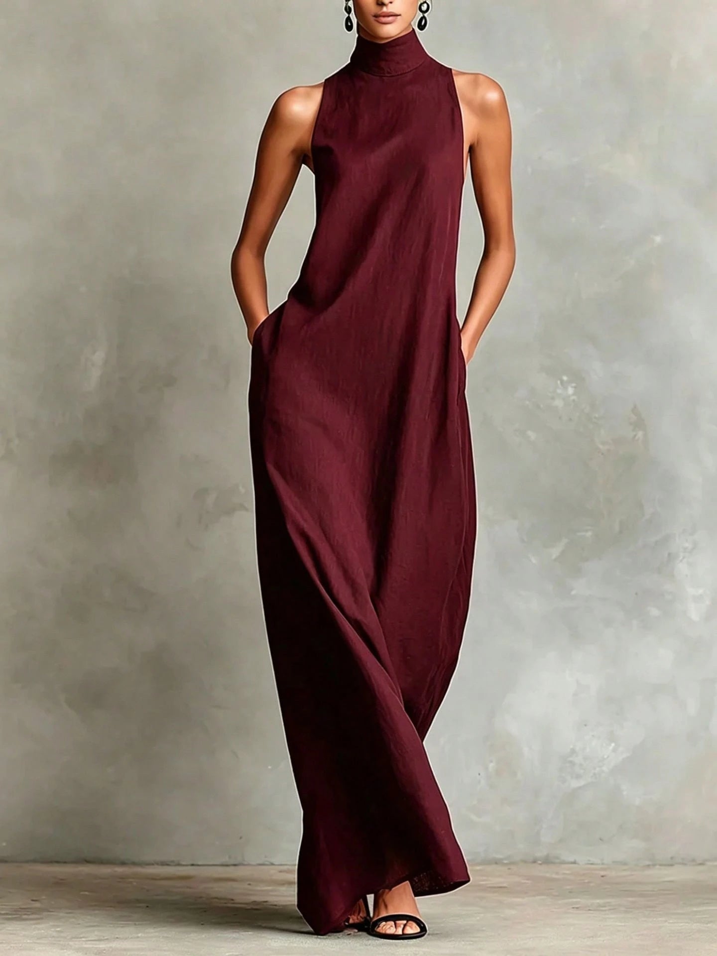 2026 New Linen High Collar Sleeveless Long Dress, Loose And Simple