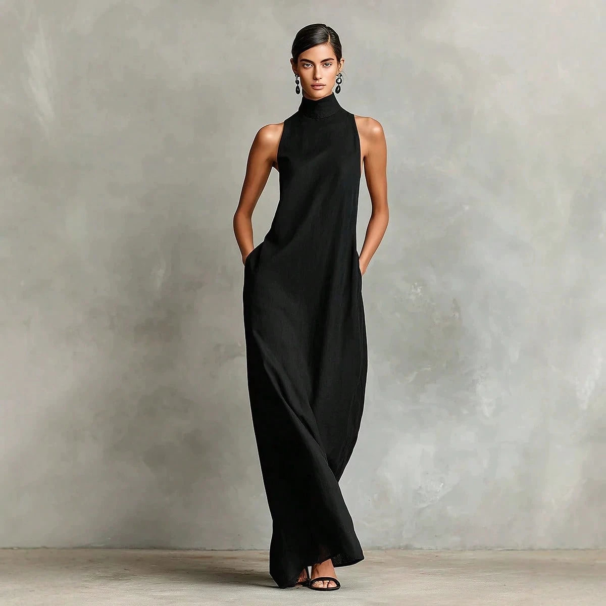 2026 New Linen High Collar Sleeveless Long Dress, Loose And Simple