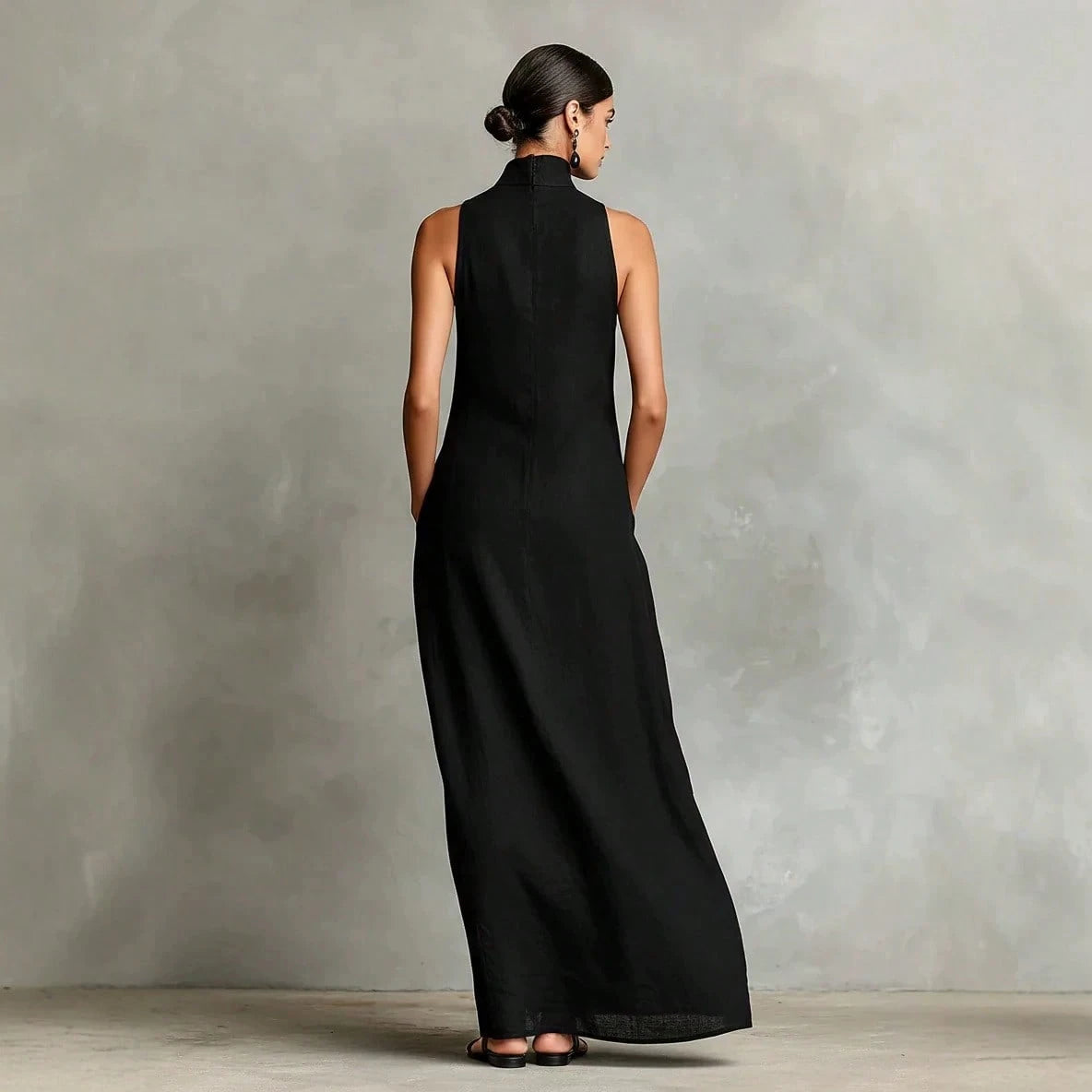 2026 New Linen High Collar Sleeveless Long Dress, Loose And Simple
