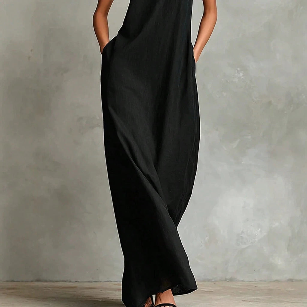 2026 New Linen High Collar Sleeveless Long Dress, Loose And Simple