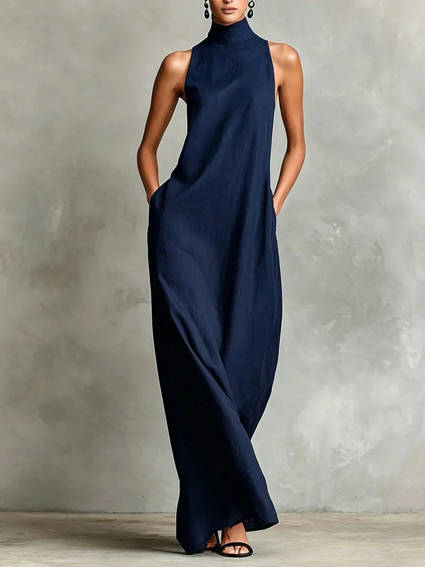 2026 New Linen High Collar Sleeveless Long Dress, Loose And Simple