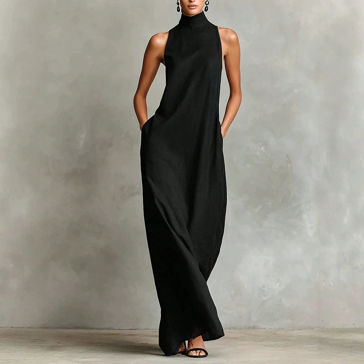 2026 New Linen High Collar Sleeveless Long Dress, Loose And Simple