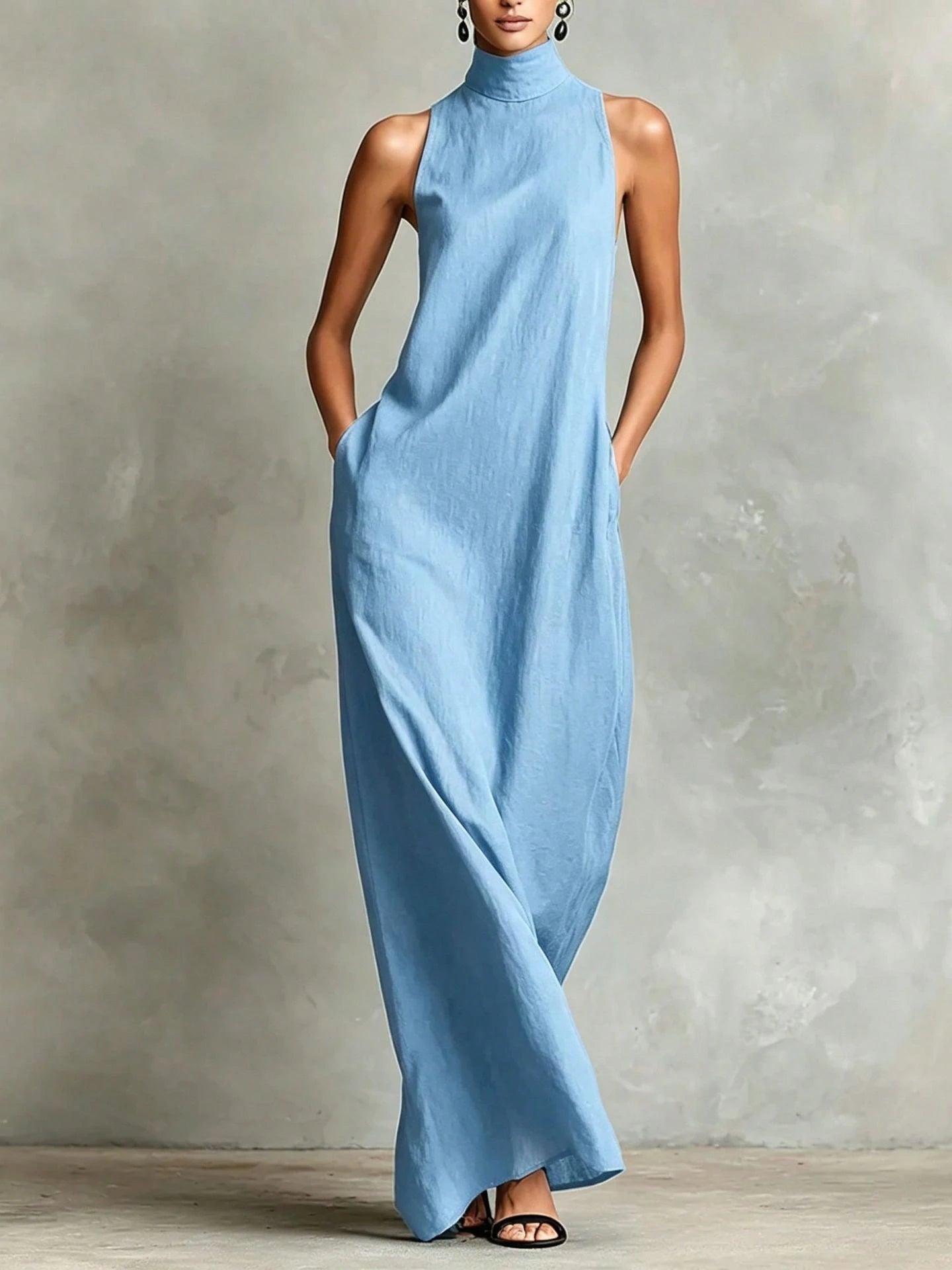 2026 New Linen High Collar Sleeveless Long Dress, Loose And Simple