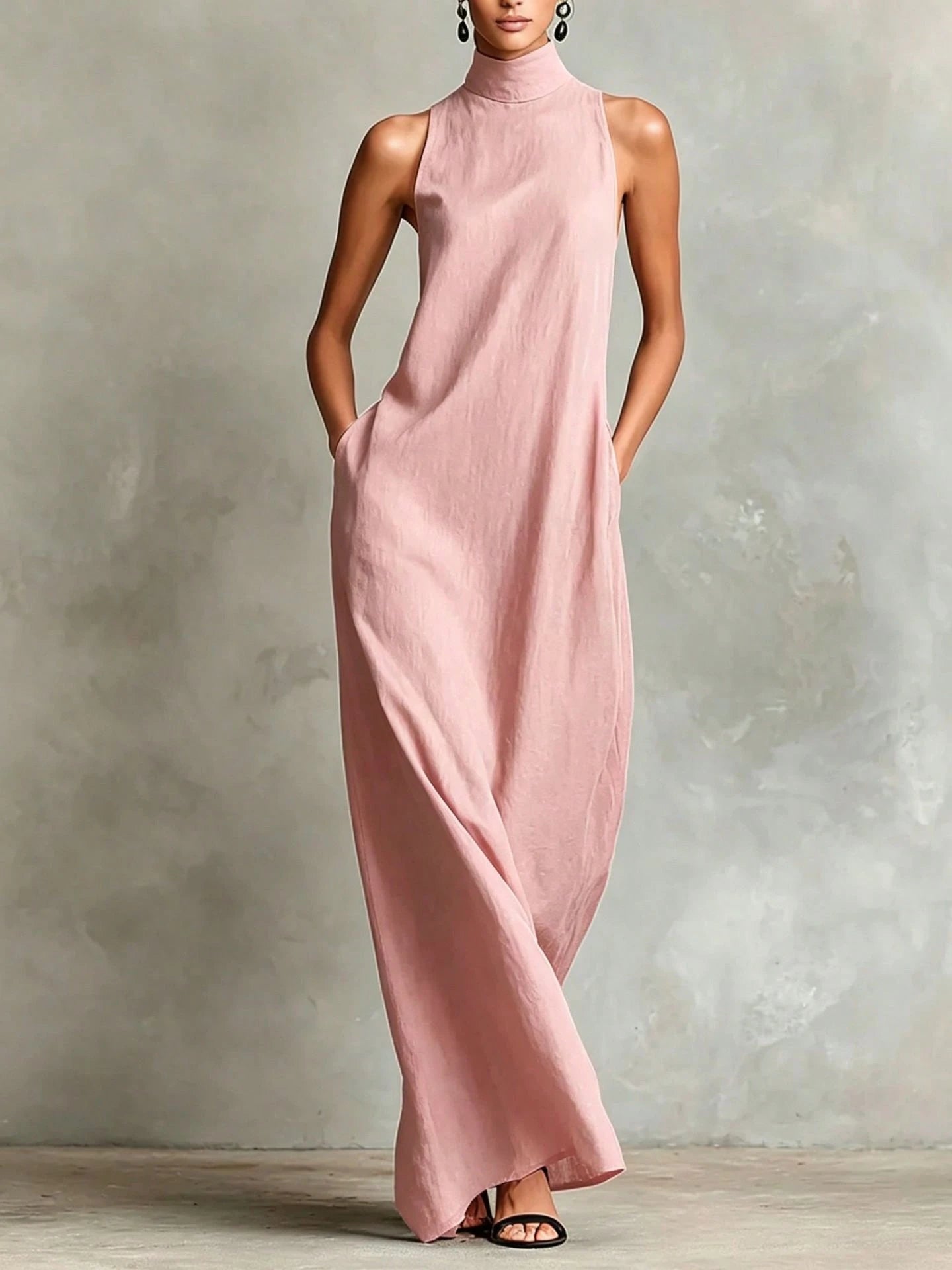 2026 New Linen High Collar Sleeveless Long Dress, Loose And Simple