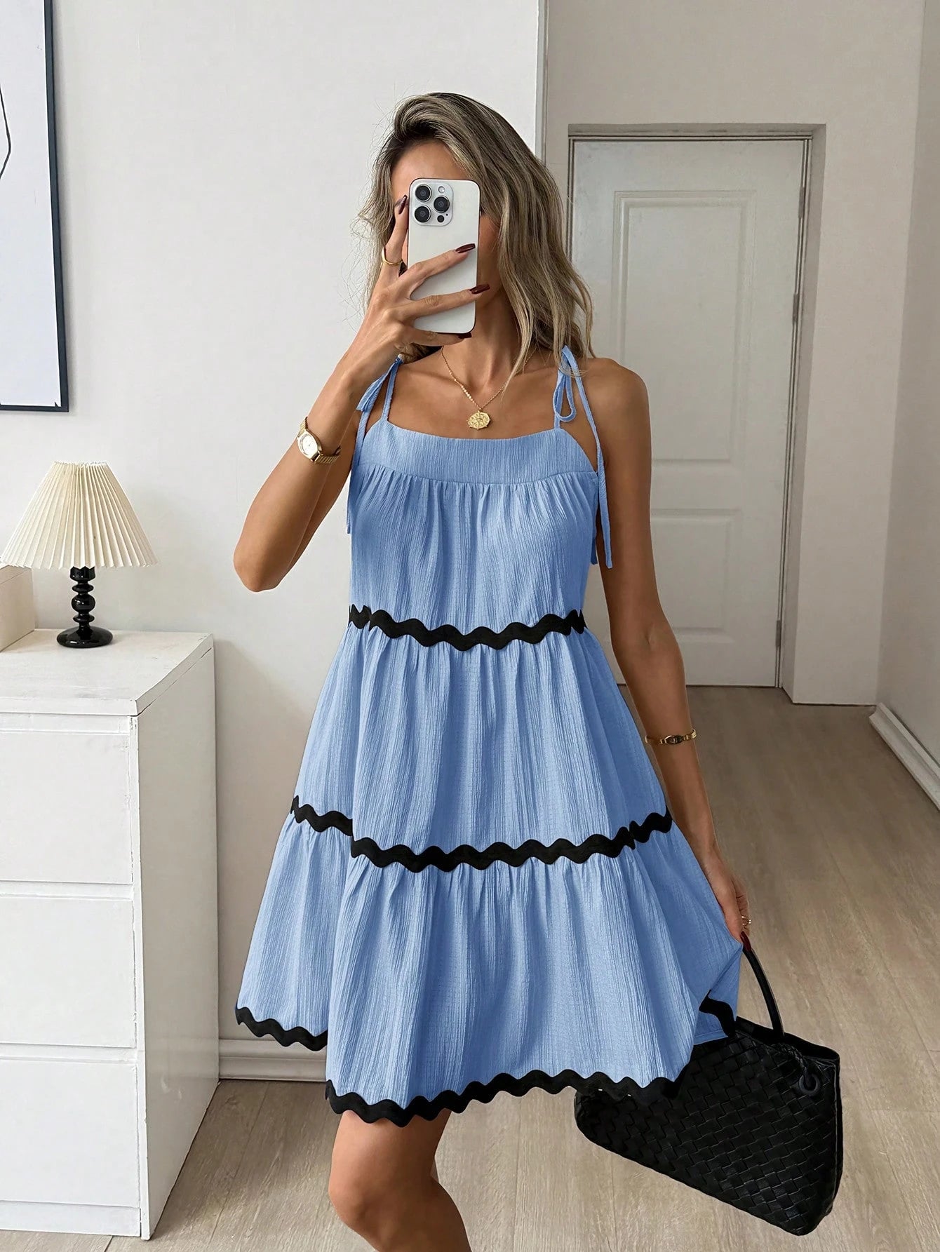 Easowa Contrast Color Wavy Trim Multi-Layer Ruffle Hem A-Line