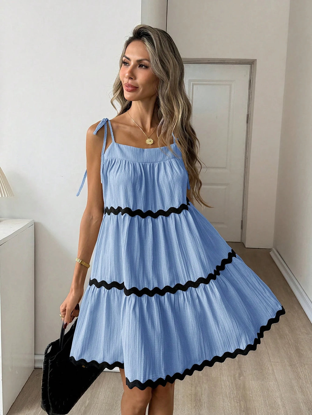Easowa Contrast Color Wavy Trim Multi-Layer Ruffle Hem A-Line