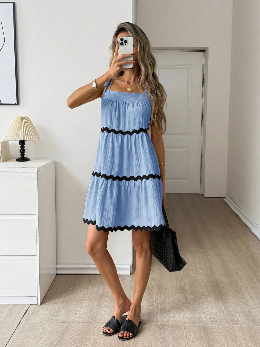 Easowa Contrast Color Wavy Trim Multi-Layer Ruffle Hem A-Line