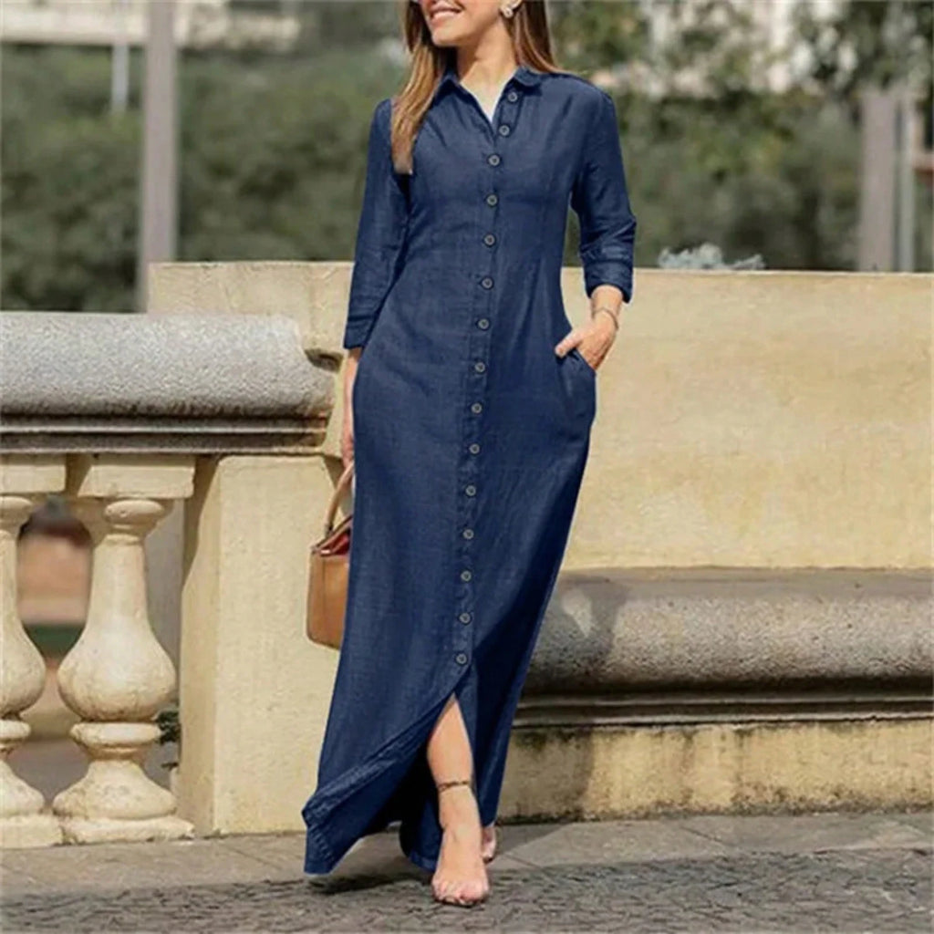 Women's Blue Denim Shirt Maxi Dress, 3/4 Sleeve Button-Front Casual