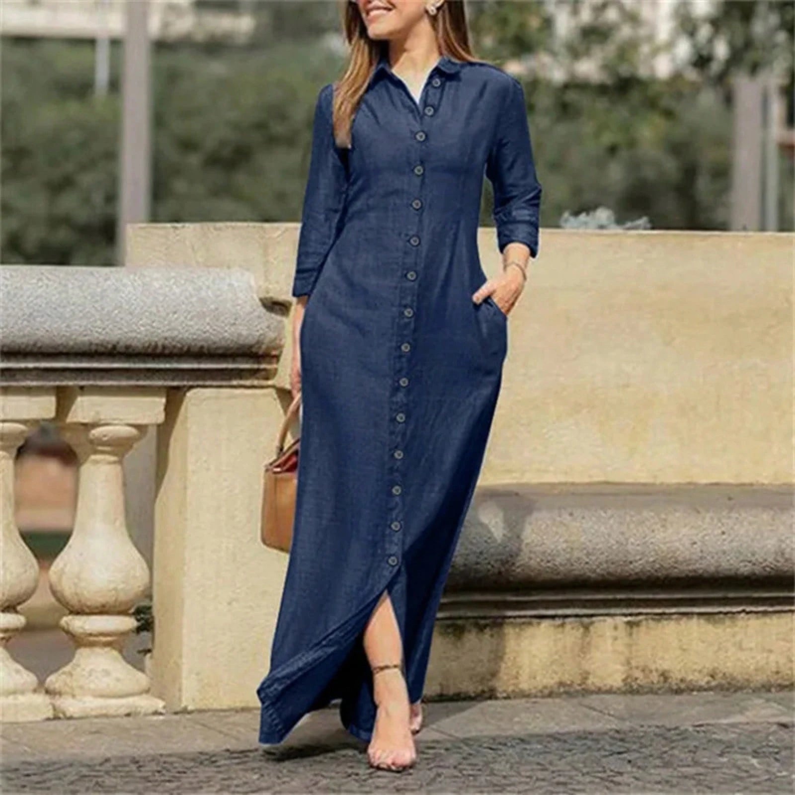 Women's Blue Denim Shirt Maxi Dress, 3/4 Sleeve Button-Front Casual