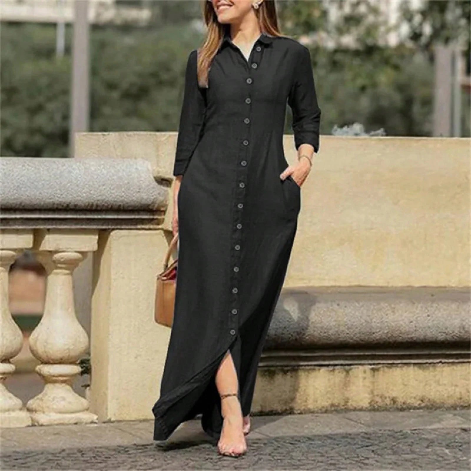Women's Blue Denim Shirt Maxi Dress, 3/4 Sleeve Button-Front Casual