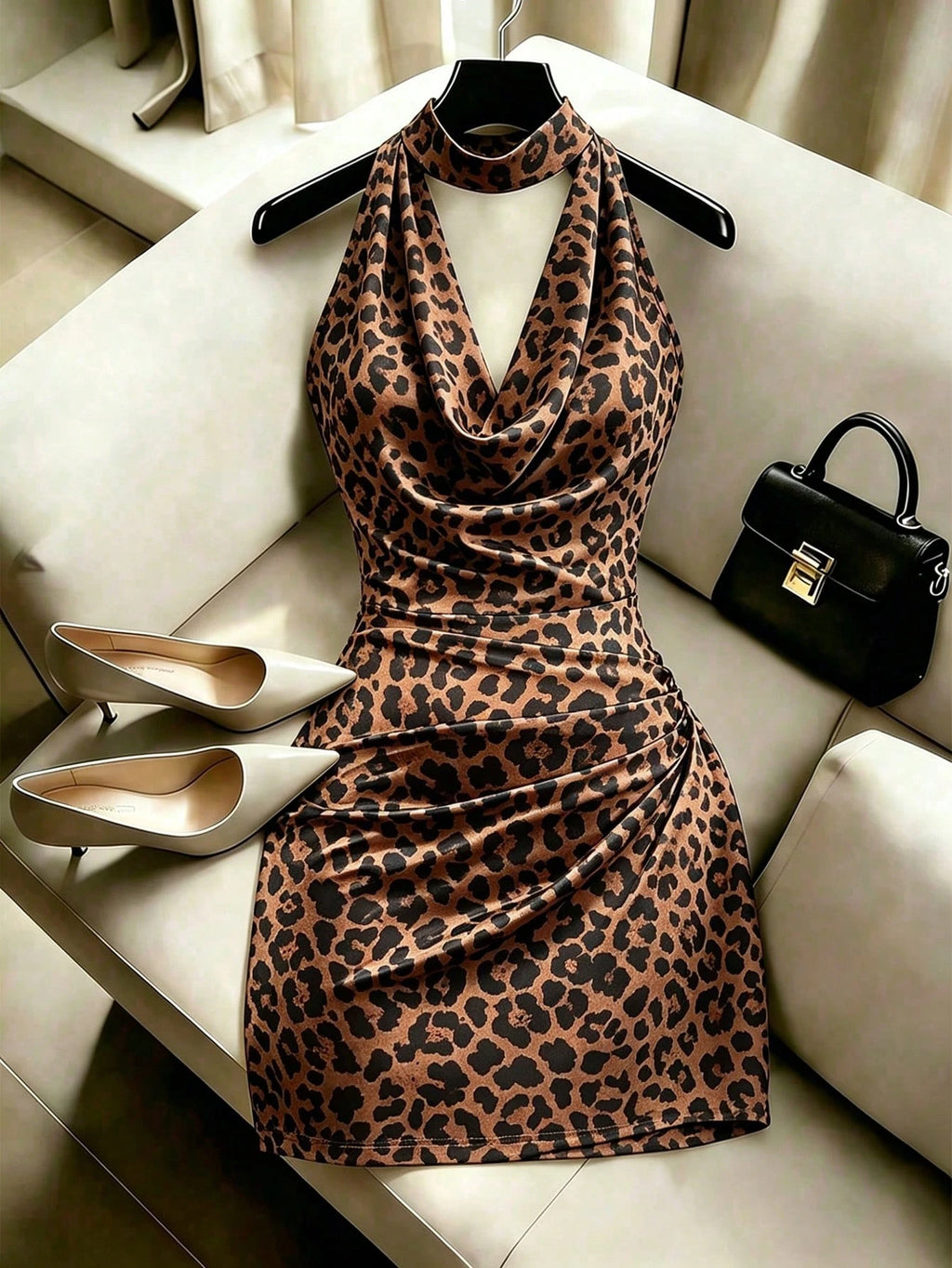 Franclia Fashionable New Elegant Draped Neck Brown Dress, Featuring