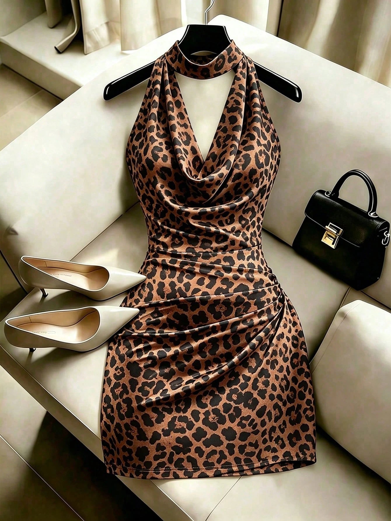 Franclia Fashionable New Elegant Draped Neck Brown Dress, Featuring