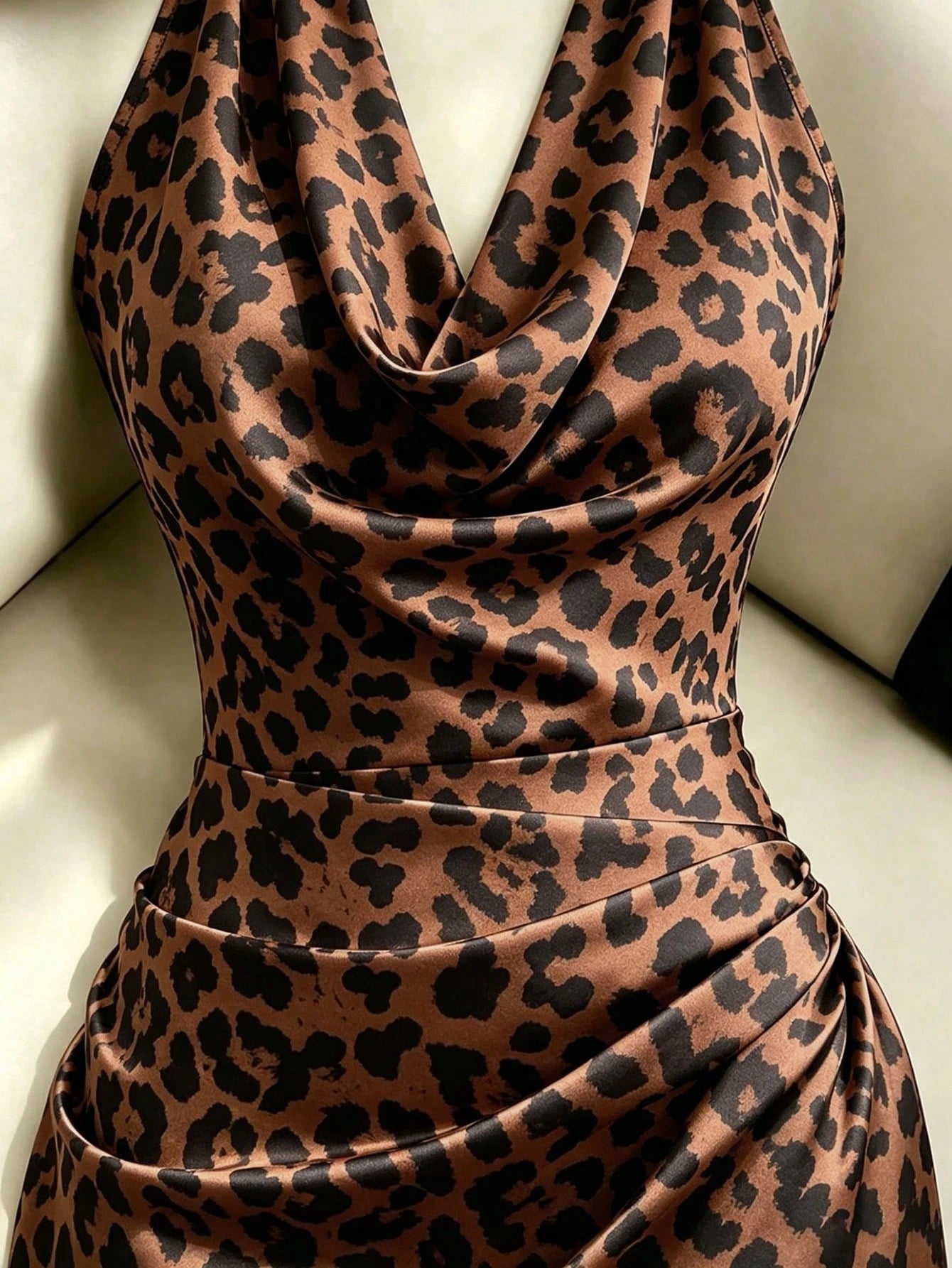 Franclia Fashionable New Elegant Draped Neck Brown Dress, Featuring Ruffle Neckline Design, Ruched Waist For - image 3