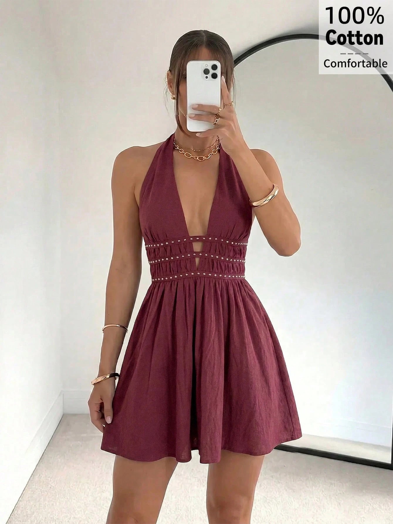 Firerie Women's Burgundy New V-Neck Studded Webbing Waist-Cinched