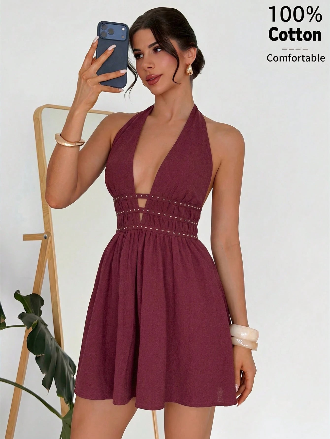 Firerie Women's Burgundy New V-Neck Studded Webbing Waist-Cinched