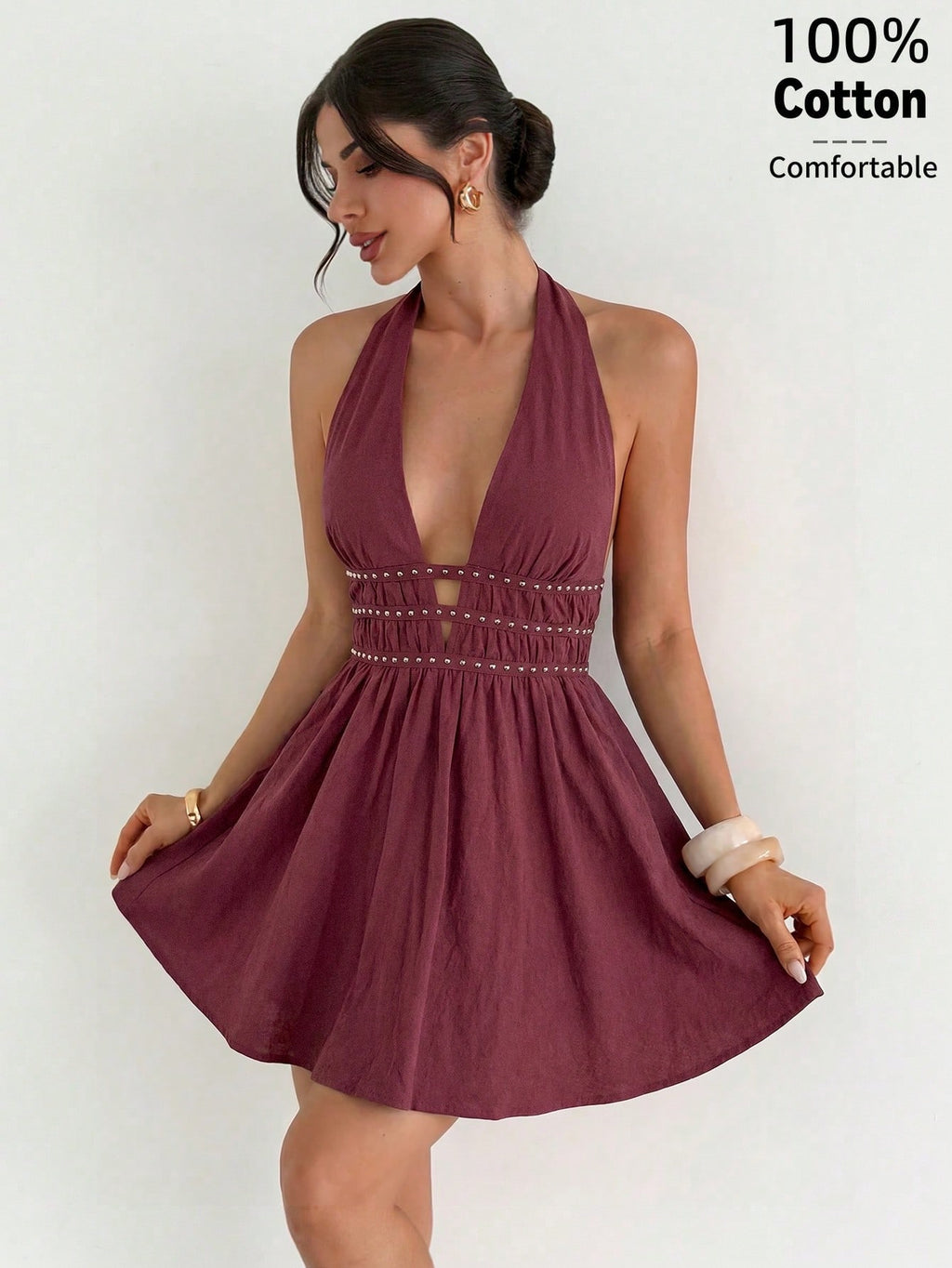 Firerie Women's Burgundy New V-Neck Studded Webbing Waist-Cinched