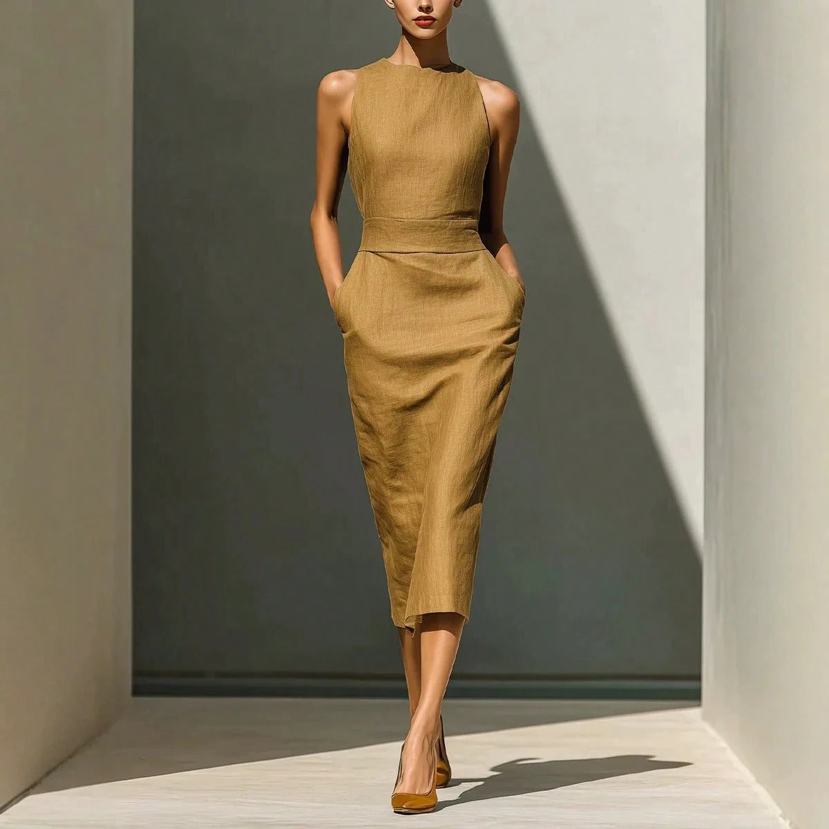 Solid Linen Pocket Midi Dress, Elegant Minimalist Style, Natural Textured Linen Material, Halter Round Neck