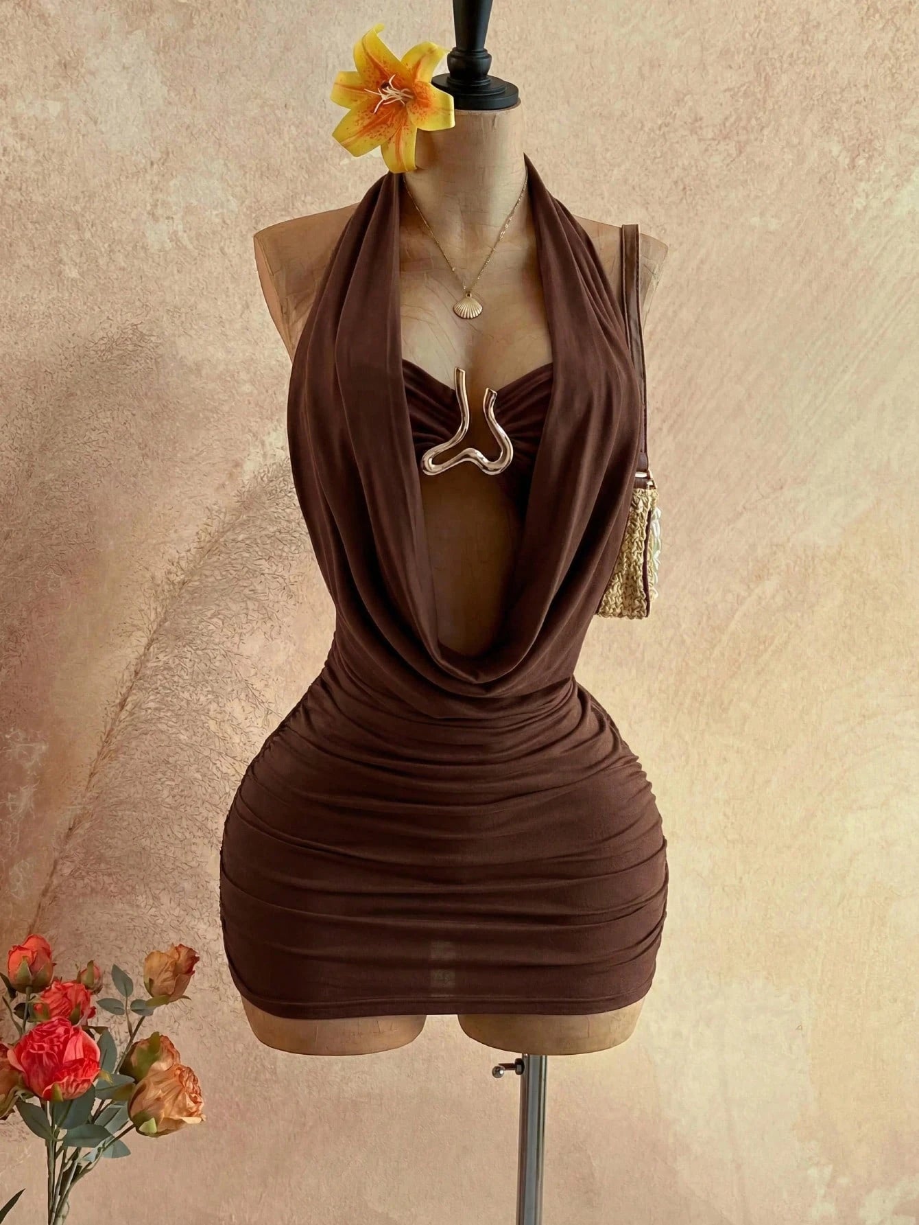Soleia Women's Cowl Neck Backless Halter Mini Dress,No Breast Pads