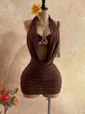 Soleia Women's Cowl Neck Backless Halter Mini Dress,No Breast Pads