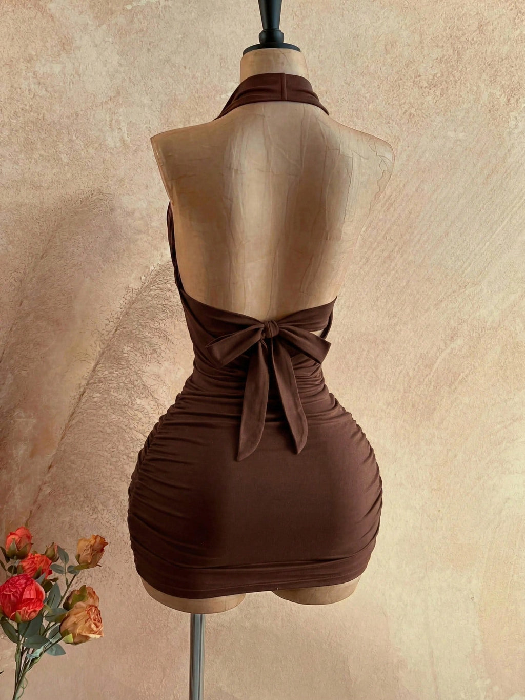 Soleia Women's Cowl Neck Backless Halter Mini Dress,No Breast Pads