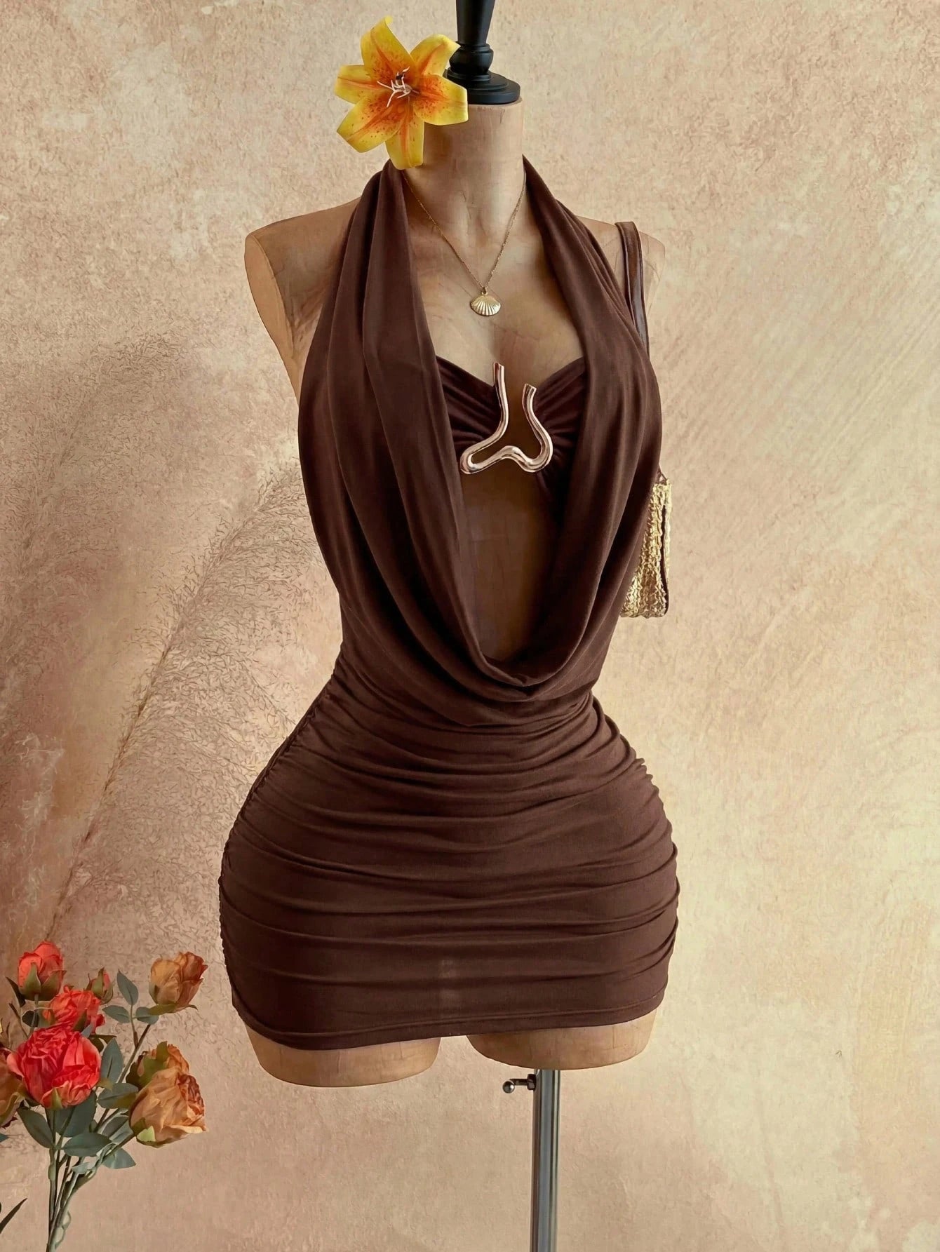 Soleia Women's Cowl Neck Backless Halter Mini Dress,No Breast Pads - image 3