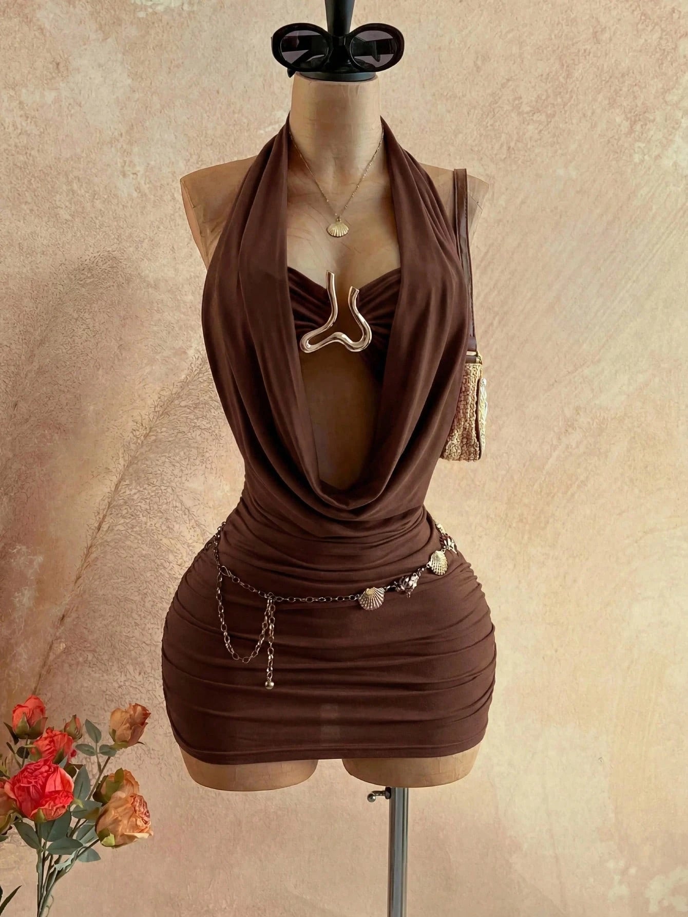 Soleia Women's Cowl Neck Backless Halter Mini Dress,No Breast Pads - image 5