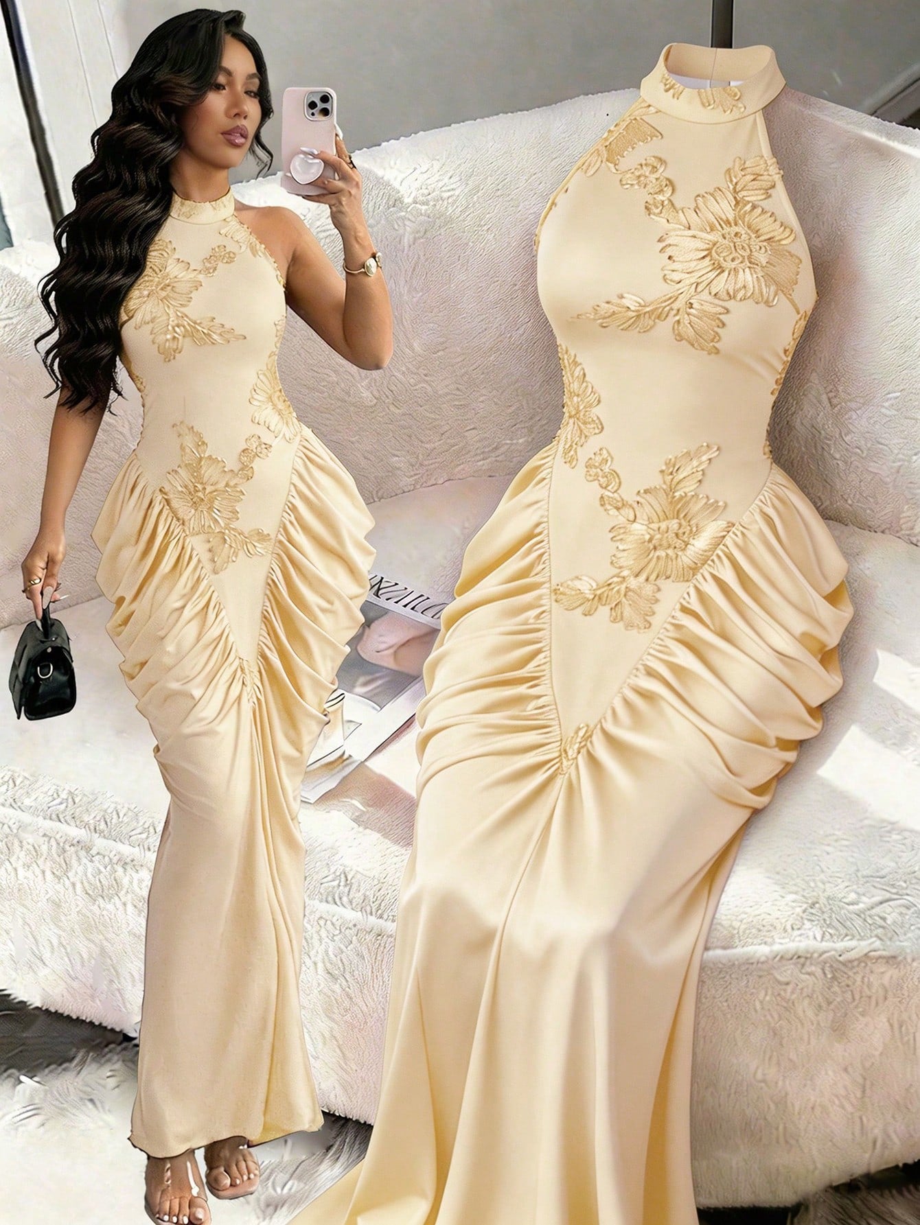 Modelyn Brown Mesh Jacquard Embroidered Backless Halter Neck Slim Fit