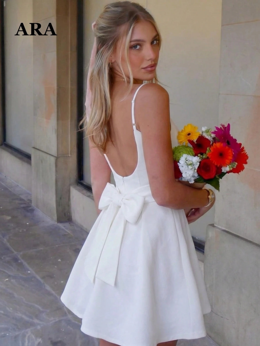 ARA CHIC Women's Pale Yellow Bow Backless V-Neck Spaghetti Strap