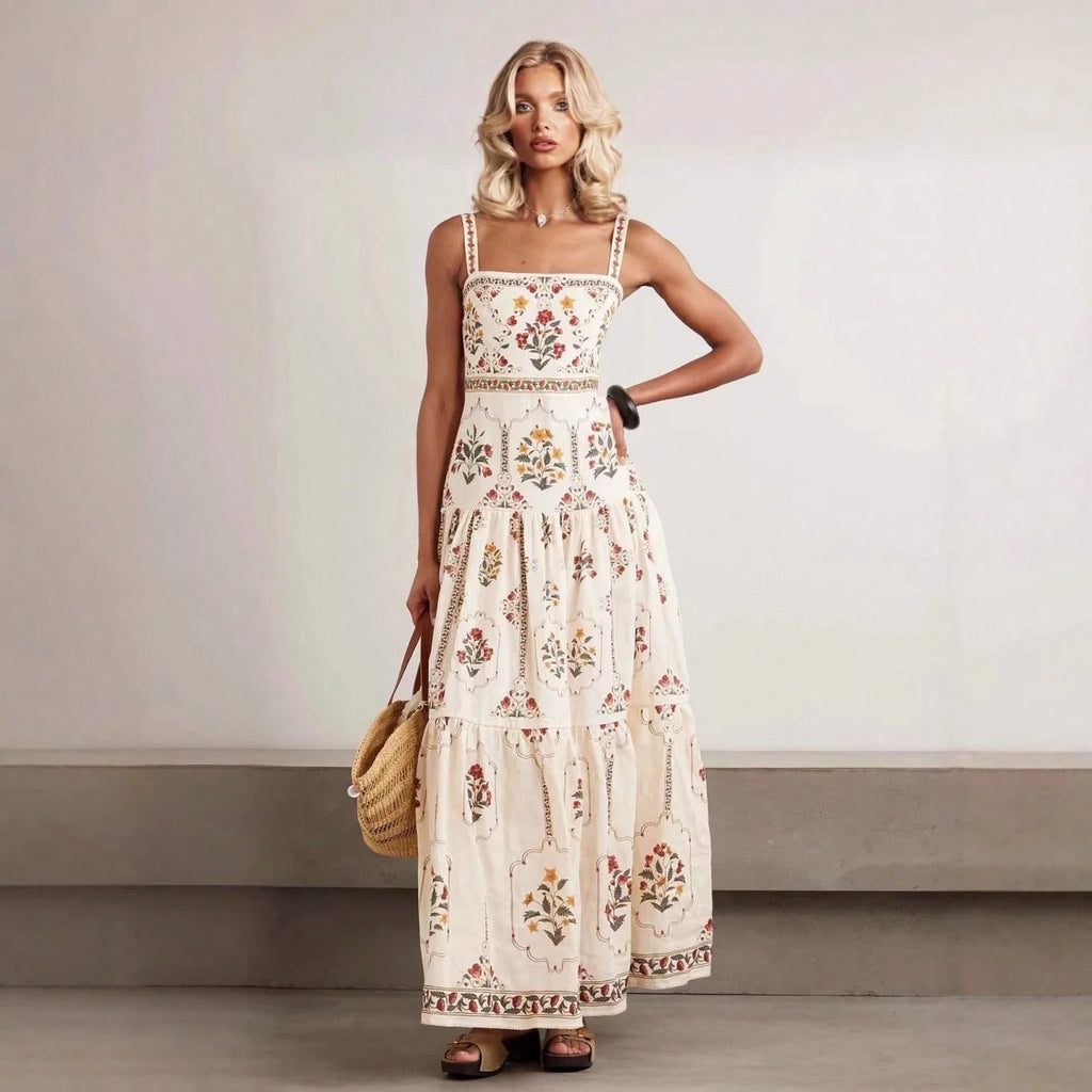 Women's Summer Boho Floral Print Tiered Maxi Dress Square Neck