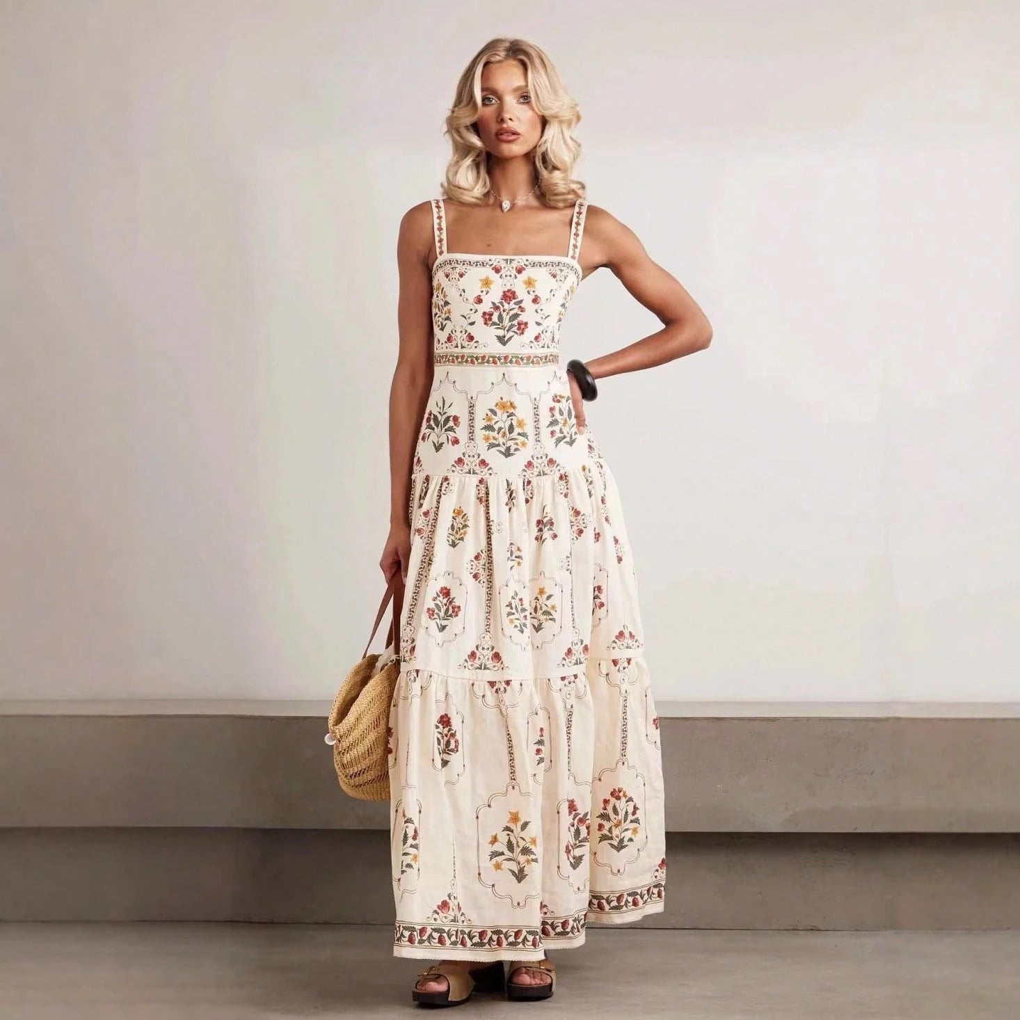 Women's Summer Boho Floral Print Tiered Maxi Dress Square Neck