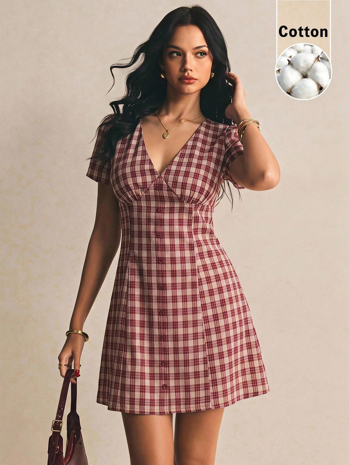 Women's Plaid Short Sleeve Single-Breasted Casual Mini Dress