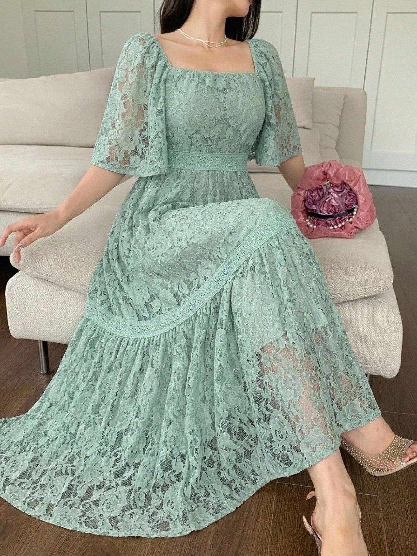 DAZY Contrast Color Lace Full Floral Print Mid-Length Dress For Women