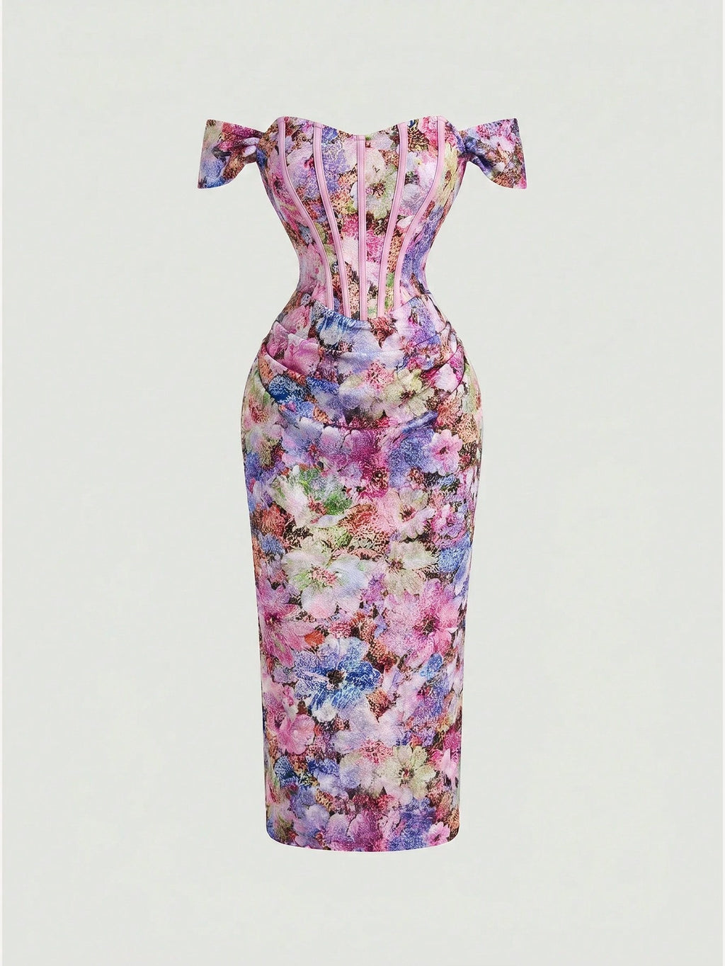 Skyraze Women's Floral Print Off Shoulder Ruched Fitted Dress Wedding Vacation Party Pink And White Polka Dot - image 20