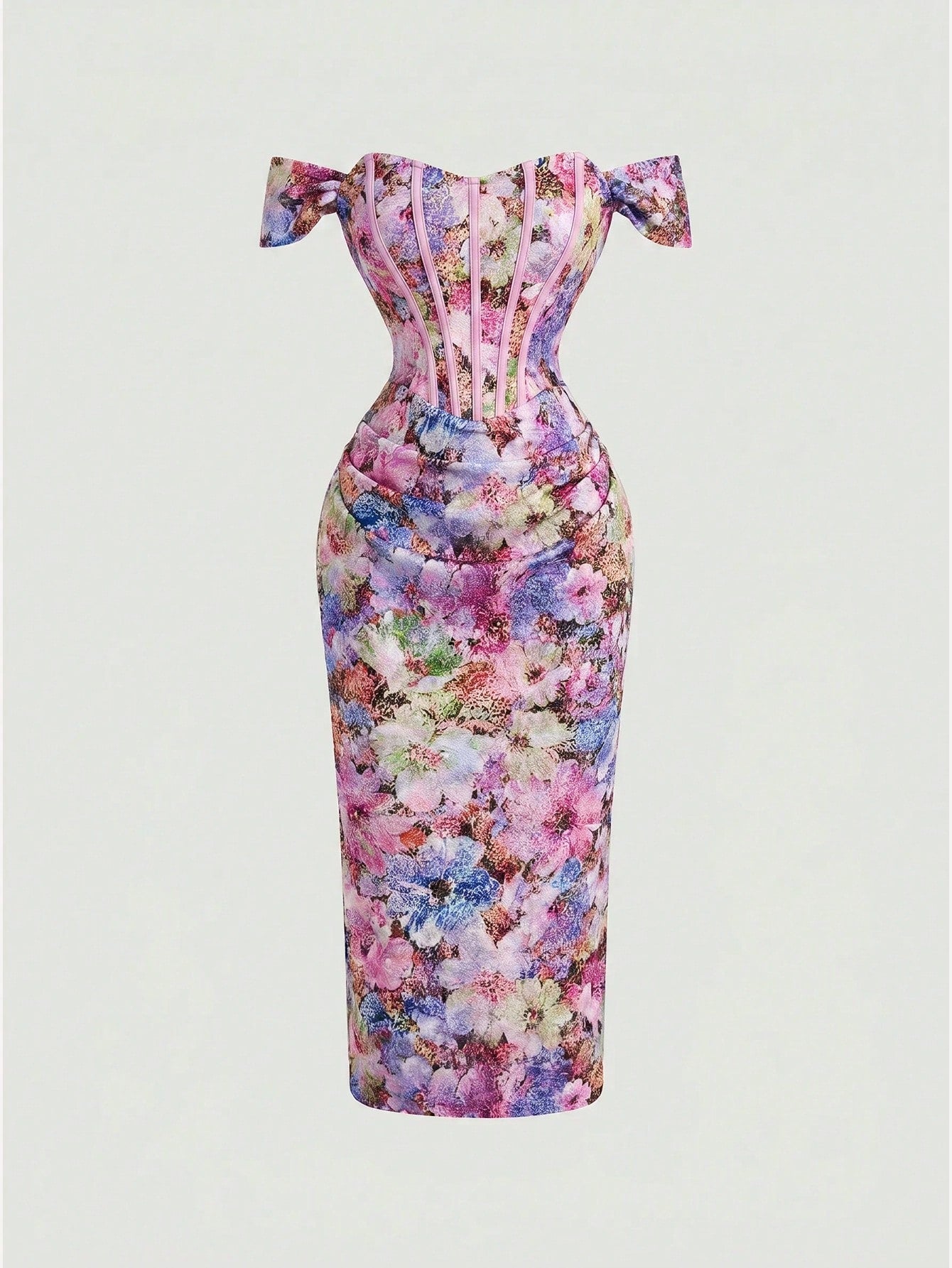 Skyraze Women's Floral Print Off Shoulder Ruched Fitted Dress Wedding Vacation Party Pink And White Polka Dot - image 20