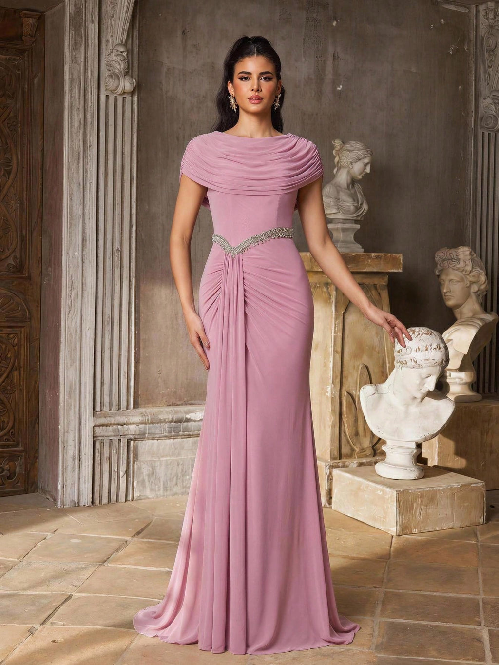 Aureia Pink Sequin Spring Elegant Formal Evening Wedding Luxurious Beaded Lace Applique Elastic Knit Ruched - image 2
