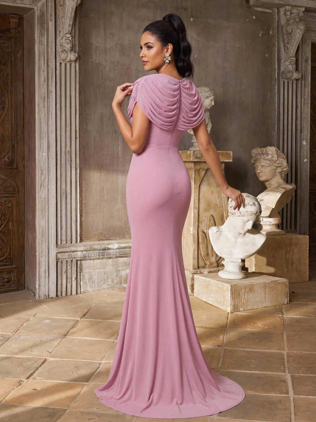 Aureia Pink Sequin Spring Elegant Formal Evening Wedding Luxurious Beaded Lace Applique Elastic Knit Ruched - image 3