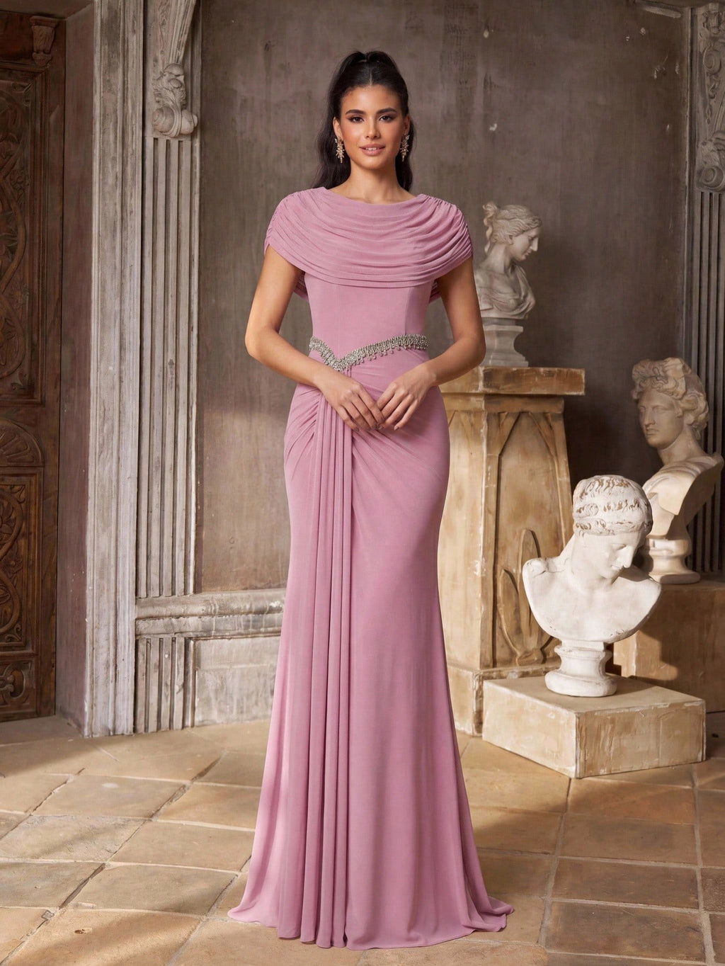 Aureia Pink Sequin Spring Elegant Formal Evening Wedding Luxurious Beaded Lace Applique Elastic Knit Ruched - image 4