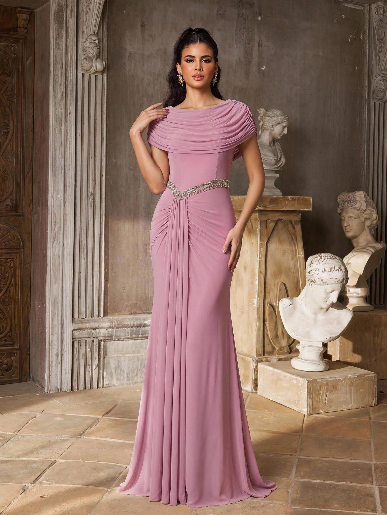 Aureia Pink Sequin Spring Elegant Formal Evening Wedding Luxurious Beaded Lace Applique Elastic Knit Ruched - image 8