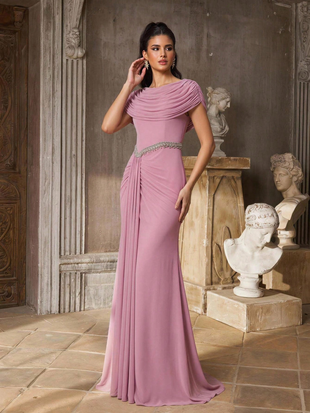 Aureia Pink Sequin Spring Elegant Formal Evening Wedding Luxurious Beaded Lace Applique Elastic Knit Ruched - image 5