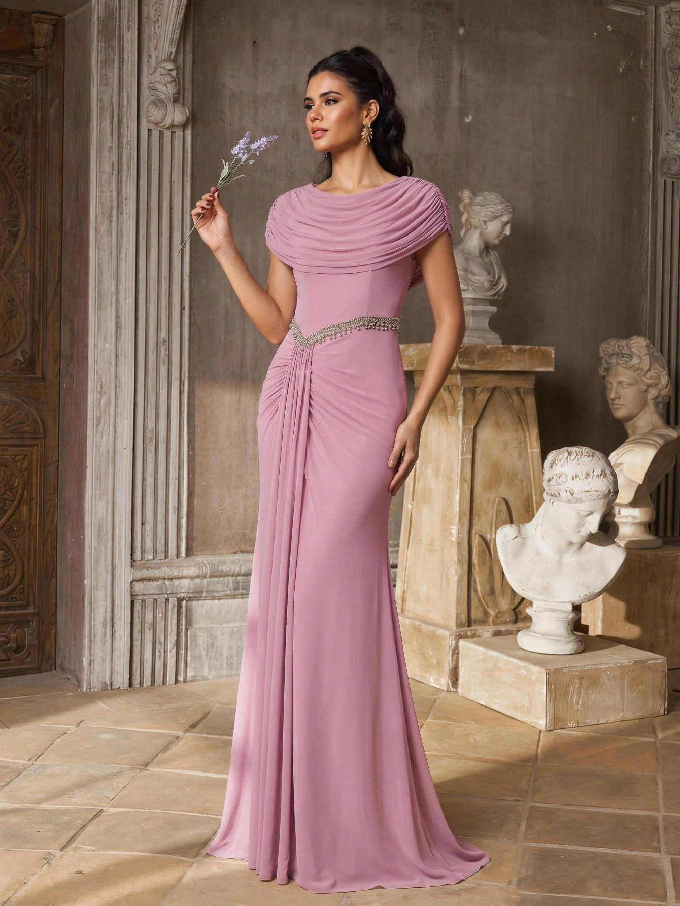 Aureia Pink Sequin Spring Elegant Formal Evening Wedding Luxurious Beaded Lace Applique Elastic Knit Ruched - image 6
