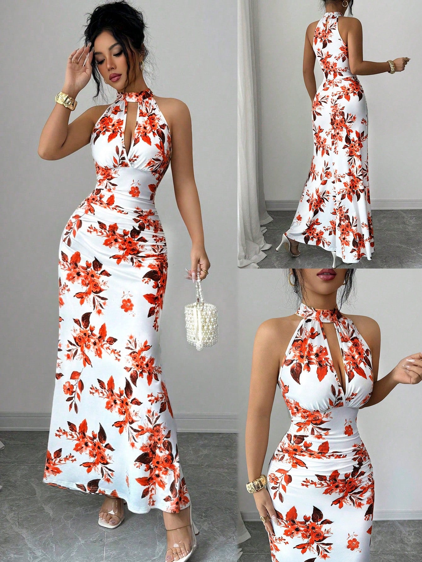 Women's Long Ditsy Floral Dress, Waist-Cinching Bodycon Dress,