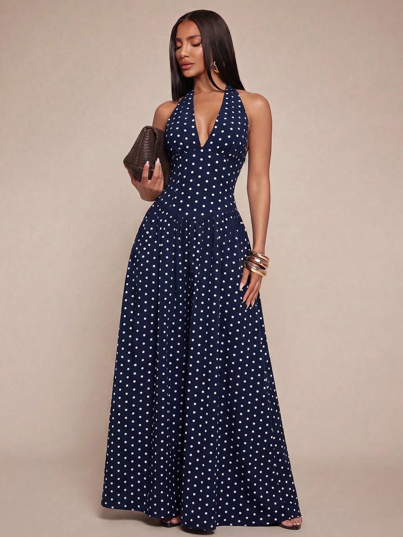 Radiana Elegant Sexy Summer Navy Blue Halter Neck Maxi Dress,Flowy