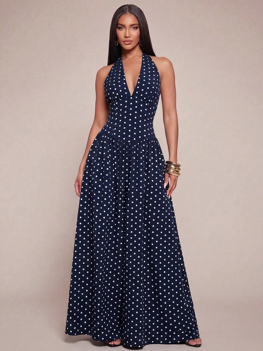 Radiana Elegant Sexy Summer Navy Blue Halter Neck Maxi Dress,Flowy