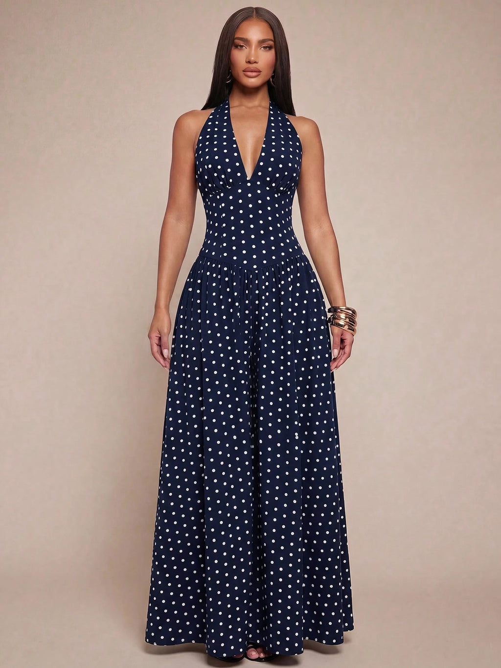 Radiana Elegant Sexy Summer Navy Blue Halter Neck Maxi Dress,Flowy
