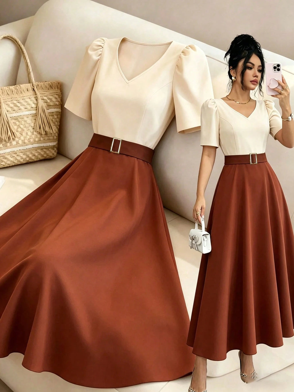 Elenzga Spring/Summer New V-Neck Ruffle Sleeve Decorative Buckle