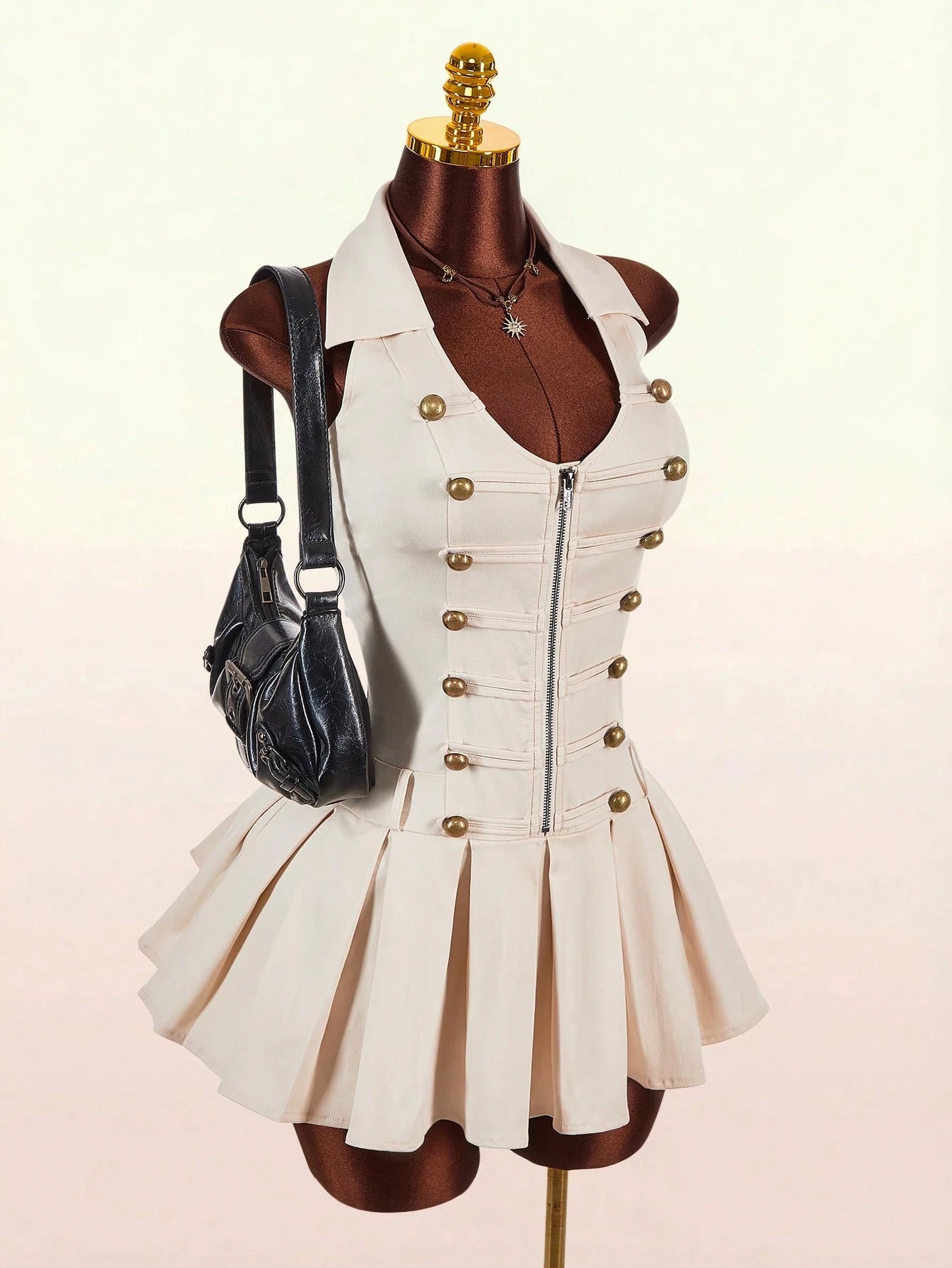 Amplova Sleeveless Sexy Fitted Napoleon Split Pleated Skirt With Hook-And-Eye Metal Zipper And Metal Buttons - image 6