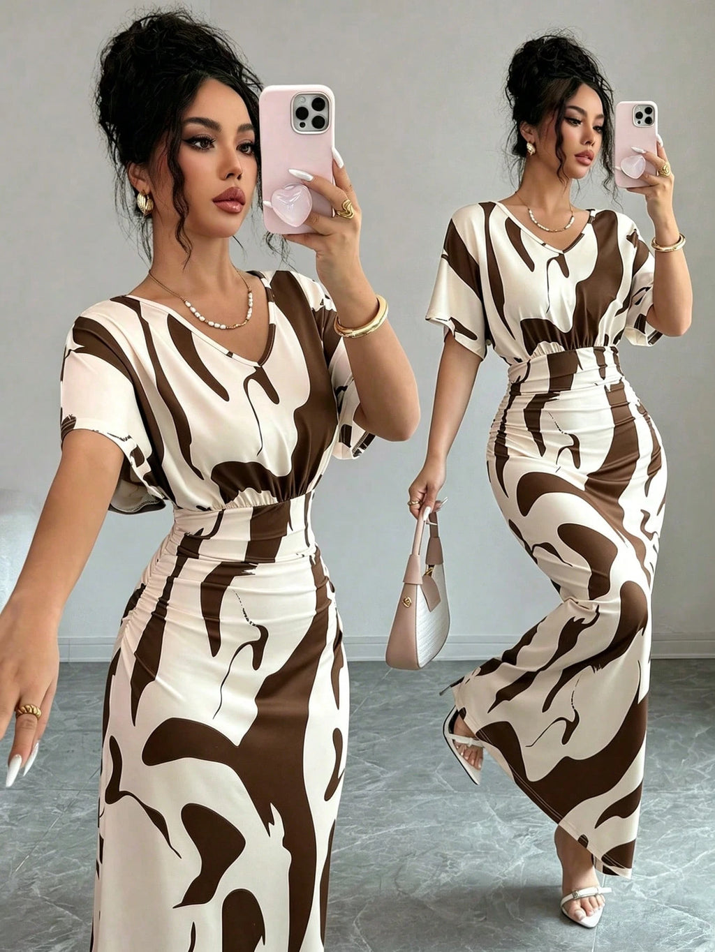 Elenzga Women's Fashion Printed V-Neck Short Sleeve Ruched Waist