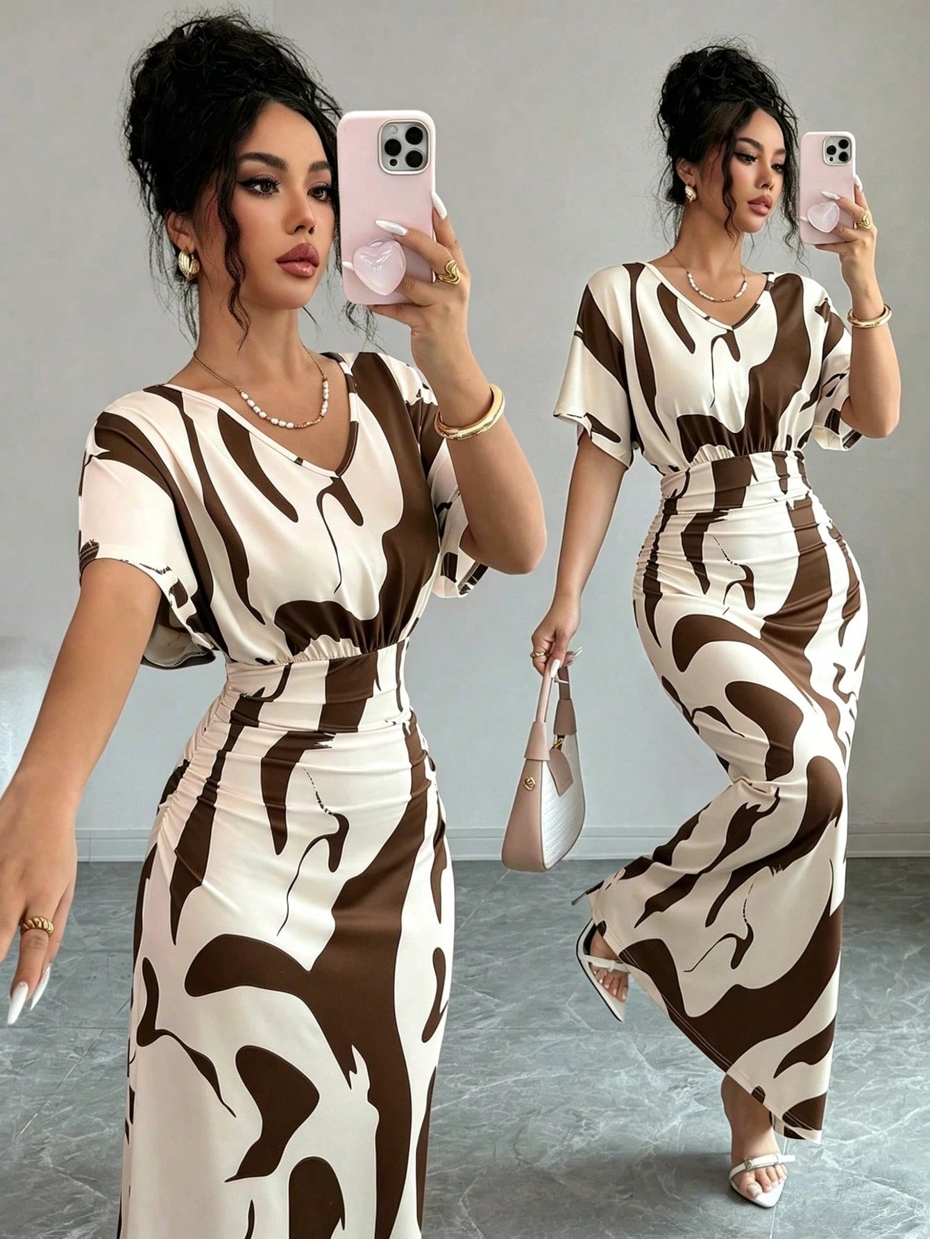 Elenzga Women's Fashion Printed V-Neck Short Sleeve Ruched Waist